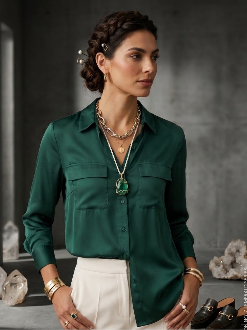 Equipment Signature Blouse Emerald Satin Button-Down Shirt Size M